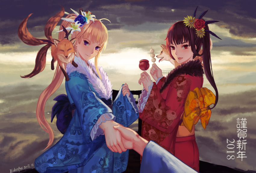 2018 2girls artist_name black_hair blonde_hair candy_apple dango dog edenfox fangs food fox holding_hands japanese_clothes kimono long_hair looking_at_viewer multiple_girls new_year open_mouth original pov purple_eyes red_eyes shiba_inu slit_pupils smile candy_apple torii vampire wagashi