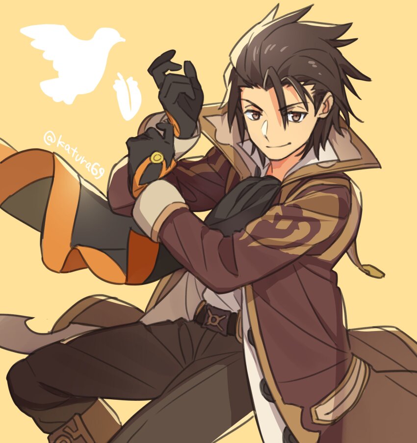 1boy absurdres alvin_(tales) belt black_gloves brown_coat brown_eyes brown_hair brown_pants closed_mouth coat gloves high_collar highres katsura_ichiho male_focus open_clothes open_coat pants shirt smile solo spiked_hair tales_of_(series) tales_of_xillia white_shirt yellow_background
