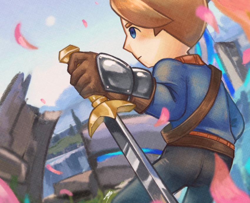 1boy armor belt blue_eyes blush brown_gloves brown_hair closed_mouth cloud commentary day falling_petals gloves highres holding holding_sword holding_weapon looking_at_viewer male_focus mii_(nintendo) mii_swordfighter mii_swordfighter_(smash_4) nintendo nyo02921978 outdoors pants petals shirt short_hair signature sky solo super_smash_bros. sword tree weapon