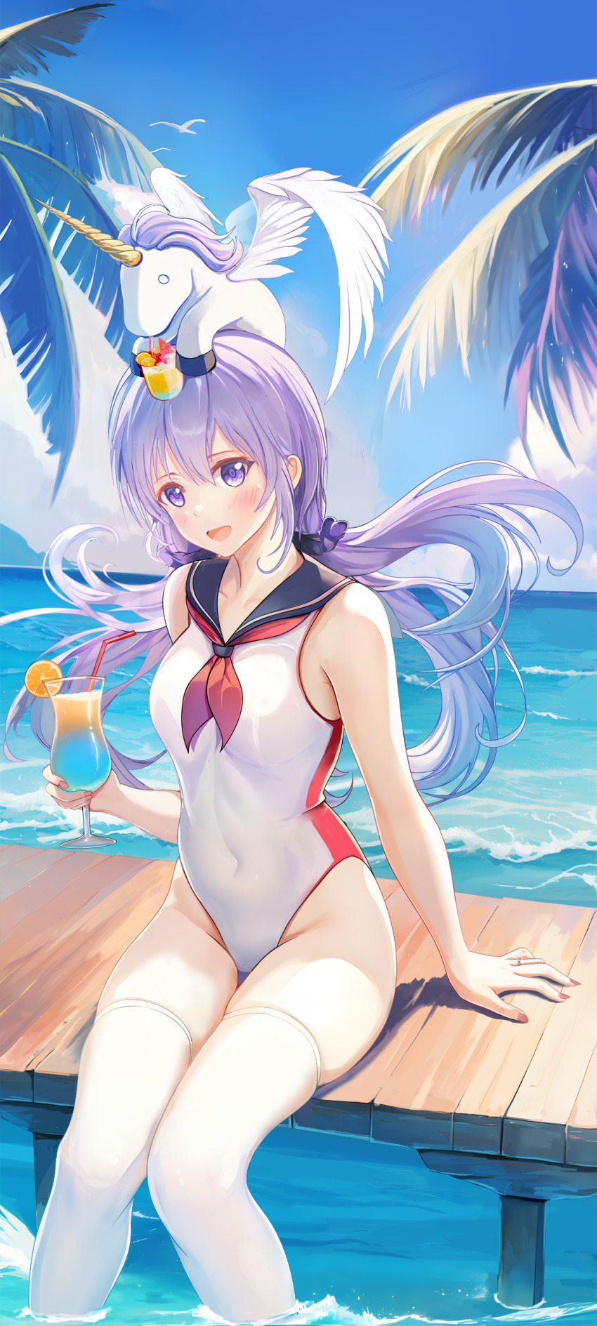 1girl absurdres alternate_costume azur_lane blue_sailor_collar breasts cocktail_glass covered_navel cup day drinking_glass e^(in)+1=0 feet_out_of_frame highres holding holding_cup long_hair medium_breasts neckerchief one-piece_swimsuit open_mouth outdoors palm_tree pier purple_eyes purple_hair red_neckerchief red_one-piece_swimsuit sailor_collar sitting solo stuffed_winged_unicorn summer swimsuit thighhighs tree two-tone_one-piece_swimsuit unicorn_(azur_lane) water white_one-piece_swimsuit white_thighhighs