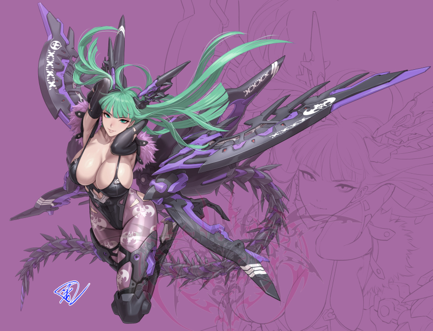 1girl arms_up breasts cleavage darkstalkers fujii_eishun green_hair highres horns long_hair mecha_musume mechanical_horns mechanical_tail mechanical_wings morrigan_aensland multiple_views purple_background simple_background tail very_long_hair wings
