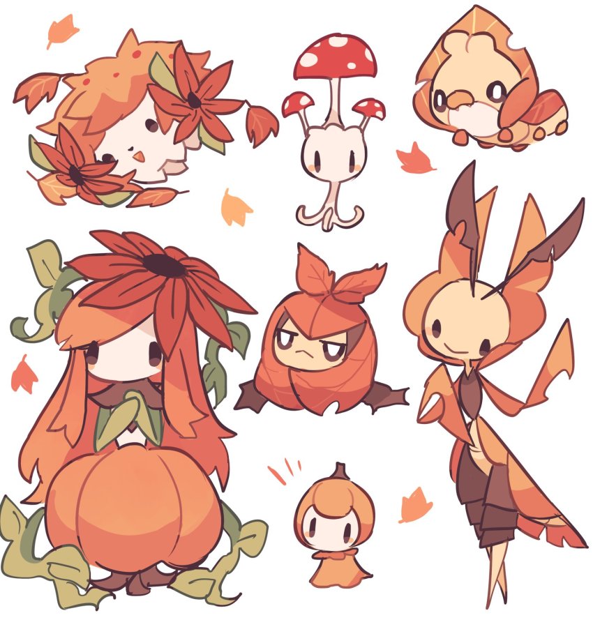 alternate_color autumn_leaves brown_eyes charamells closed_mouth commentary creatures_(company) english_commentary fangs game_freak gen_4_pokemon gen_5_pokemon gen_7_pokemon head_tilt highres leaf leavanny legendary_pokemon lilligant monster_girl morelull mythical_pokemon nintendo open_mouth orange_theme petilil plant_girl pokemon pokemon_(creature) sewaddle shaymin smile swadloon white_background
