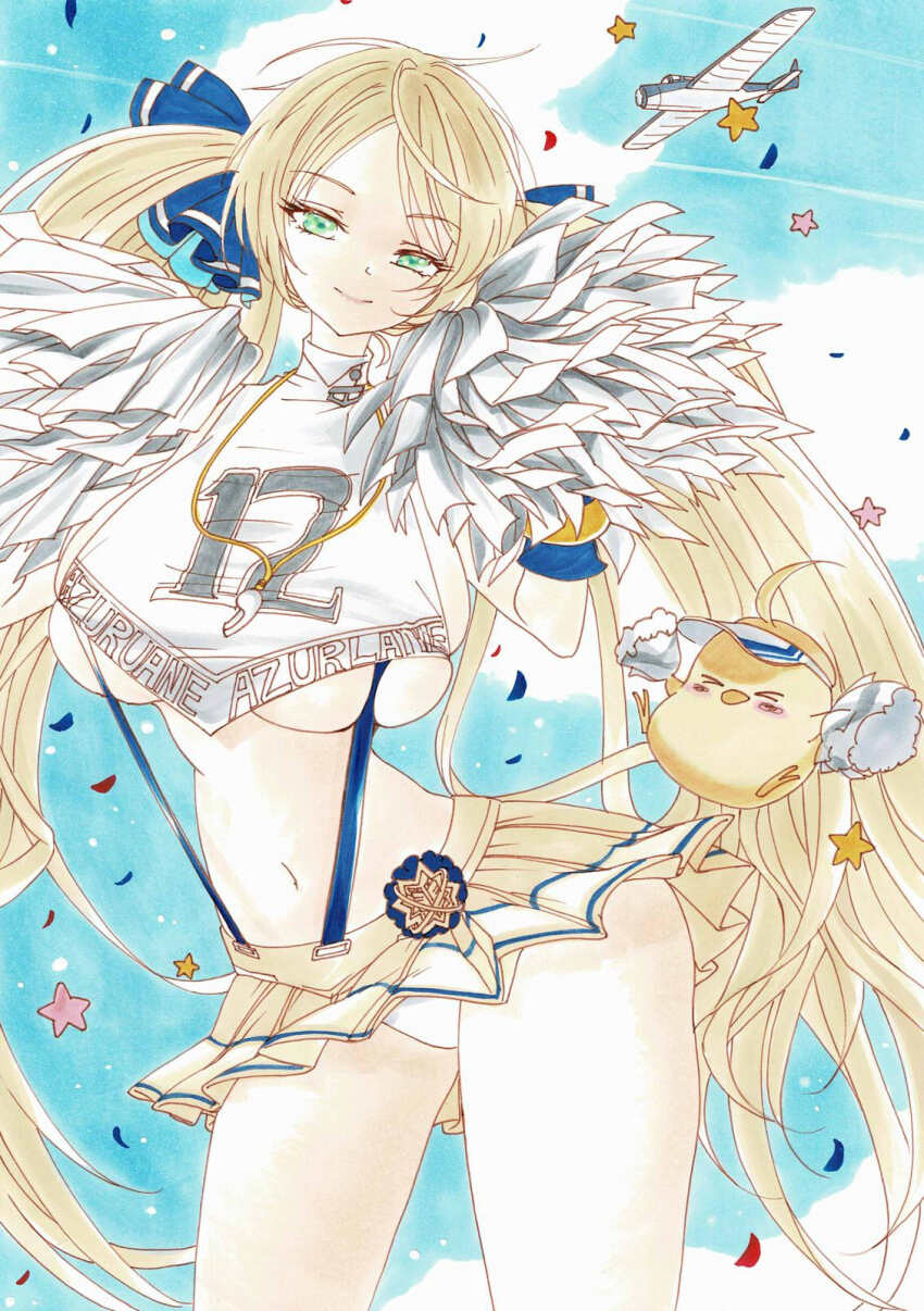 &gt;_&lt; 1girl aircraft airplane azur_lane blonde_hair blue_ribbon breasts cheerleader cowboy_shot green_eyes hair_ribbon highres holding holding_pom_poms hornet_(azur_lane) hornet_(cheering_justice!)_(azur_lane) jumping large_breasts long_hair manjuu_(azur_lane) microskirt panties pantyshot pleated_skirt pom_pom_(cheerleading) pom_poms ribbon skindentation skirt solo suspender_skirt suspenders traditional_media twintails underboob underwear uzuharu_(uduharu) very_long_hair white_panties white_pom_poms yellow_skirt