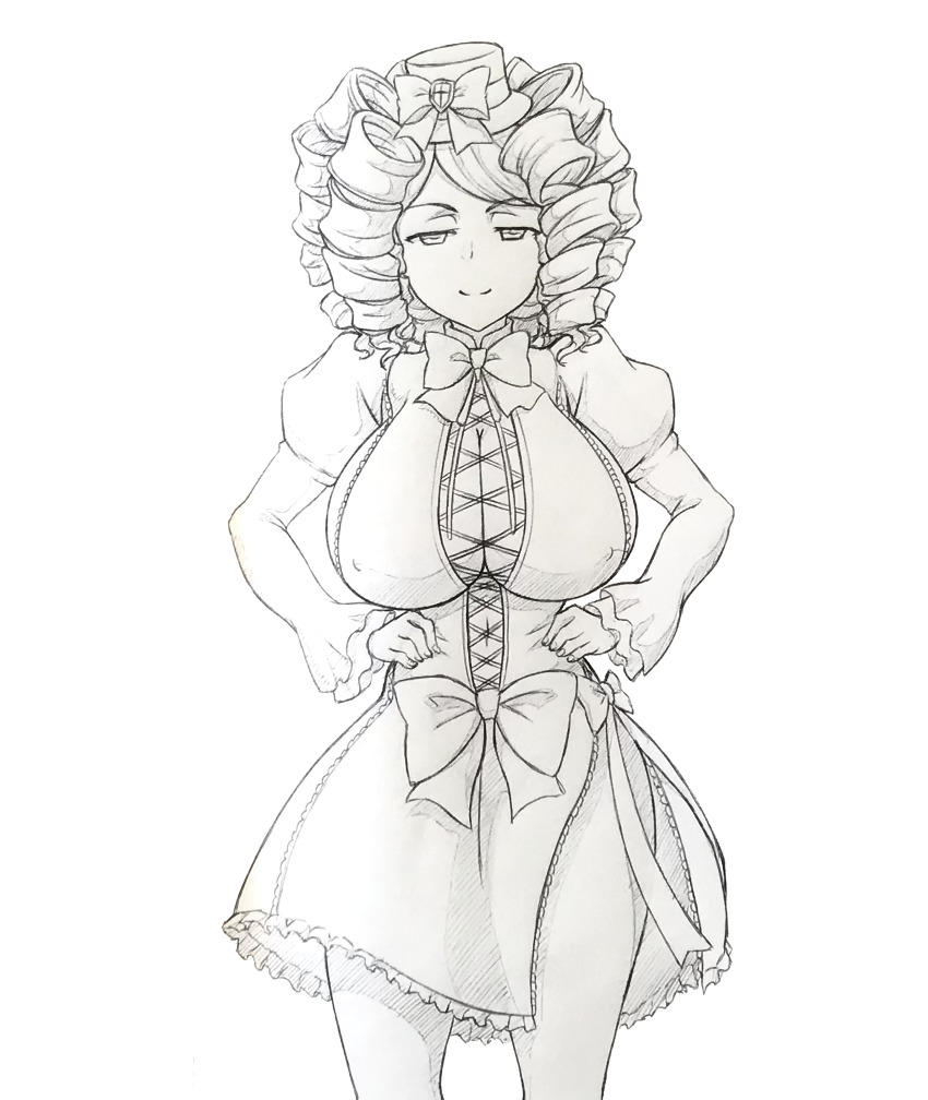1girl abridged-satoko absurdres breasts drill_hair gaap_(umineko) half-closed_eyes hands_on_own_hips highres large_breasts looking_at_viewer monochrome navel open_mouth seductive_gaze seductive_smile sideboob sketch smile solo thick_thighs thighhighs thighs traditional_media umineko_no_naku_koro_ni