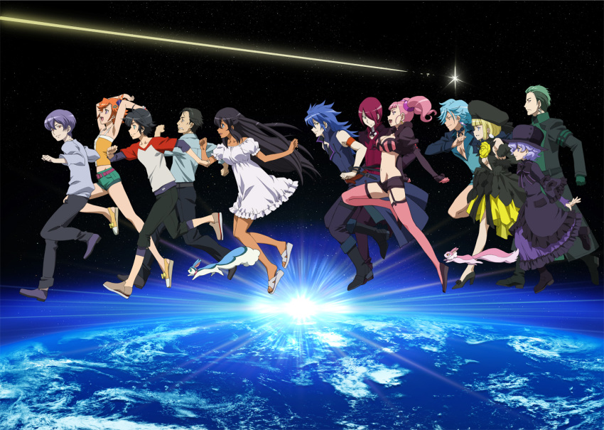 10s 6+boys 6+girls ai_(captain_earth) amara_(captain_earth) arashi_teppei baku_(captain_earth) black_hair blonde_hair blue_eyes captain_earth earth_(planet) green_hair lappa light_purple_hair lin_(captain_earth) long_hair manatsu_daichi moco_(captain_earth) multiple_boys multiple_girls mutou_hana nishikubo_tsutomu official_art orange_hair pitz purple_hair red_hair rin_(captain_earth) running setsuna_(captain_earth) shooting_star short_hair space squirrel twintails very_long_hair yomatsuri_akari zin_(captain_earth)