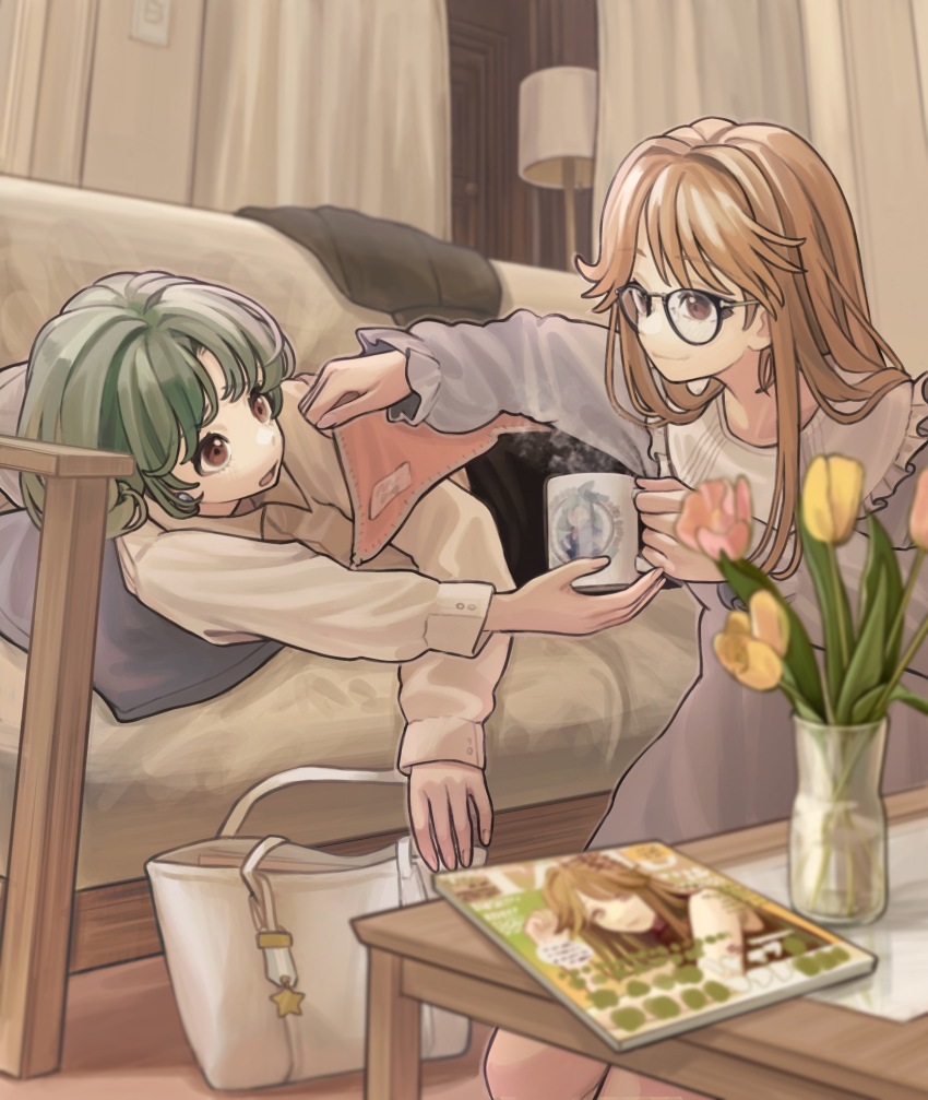 2girls bag blanket blurry blurry_background blurry_foreground bouquet brown_hair closed_mouth coffee_table collared_shirt commentary_request couch cup curtains depth_of_field flipped_hair flower flower_request frilled_sleeves frills furrowed_brow glasses green_hair hair_intakes handbag highres holding holding_cup idolmaster idolmaster_million_live! indoors jacket kneeling lamp long_hair long_sleeves looking_at_another lying magazine_(object) medal medium_hair multiple_girls nightgown on_couch on_side open_mouth outstretched_arm pajamas pillow purple_nightgown raised_eyebrows red_eyes shirt sidelocks smile steam table tanupon tenkuubashi_tomoka thick_eyelashes tokugawa_matsuri under_covers unworn_jacket vase white_bag white_pajamas