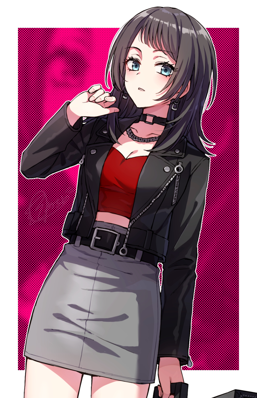 1girl bang_dream! bang_dream!_it&#039;s_mygo!!!!! belt belt_buckle black_belt black_hair black_jacket blue_eyes breasts buckle cleavage crop_top grey_skirt hand_up highres holding jacket leather leather_jacket medium_breasts midriff open_clothes open_jacket parted_lips red_shirt shirt skirt solo somechime_(sometime1209) yahata_umiri zoom_layer