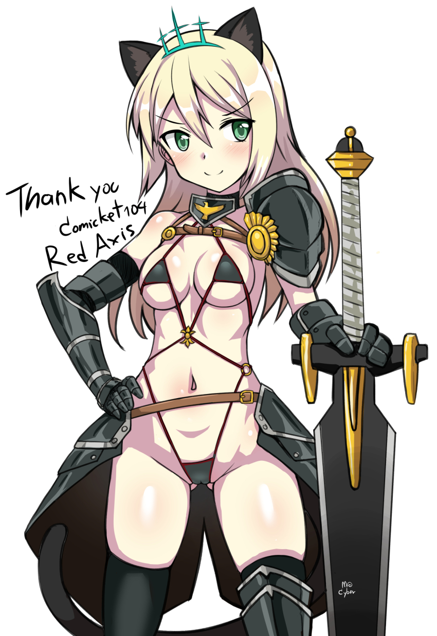 1girl animal_ears armor armored_gloves bikini_armor black_thighhighs blonde_hair blush breasts cameltoe cat_ears cat_girl cat_tail cleavage closed_mouth cyber_(cyber_knight) gloves green_eyes hand_on_own_hip heinrike_prinzessin_zu_sayn-wittgenstein highres long_hair medium_breasts navel noble_witches pauldrons revealing_clothes shoulder_armor simple_background single_pauldron smile solo sword tail thighhighs weapon white_background world_witches_series