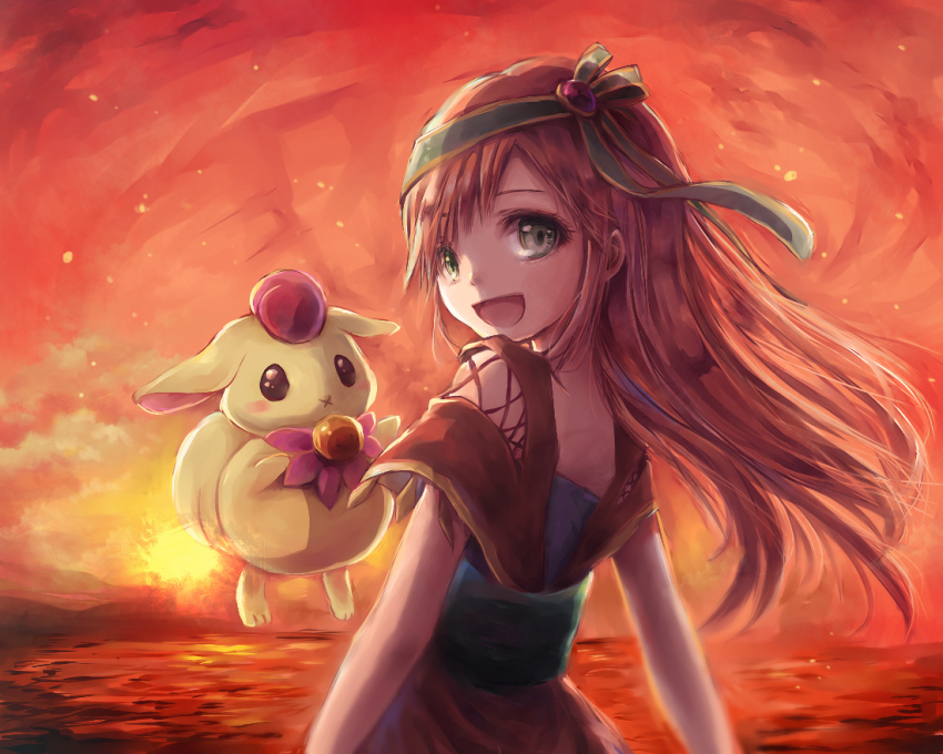 1girl bare_arms blue_sash blush breasts bug butterfly chrono_cross cleavage clenched_hands dress facing_another fantasy gem green_eyes hair_ornament hair_ribbon hairband hetero insect jewelry koron_(tkhsrui) leaf leena_(chrono_cross) long_hair medium_breasts orange_hair pip purple_ribbon red_hair ribbon sash sidelocks smile solo_focus straight_hair