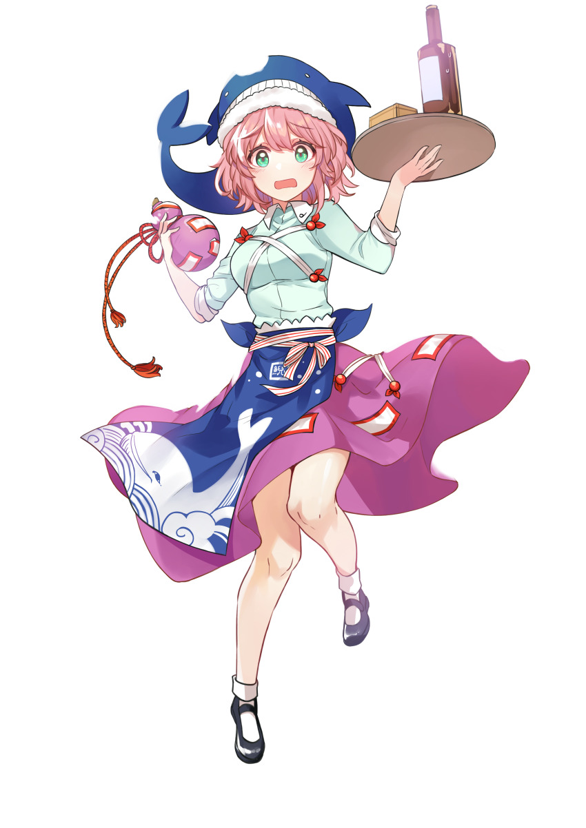 1girl absurdres animal_print ankle_socks apron black_shoes blue_apron blue_hat blue_shirt bottle collared_shirt cross-laced_clothes fish_print full_body gourd green_eyes hat highres holding holding_gourd holding_tray kanta_(pixiv9296614) long_sleeves mary_janes ofuda ofuda_on_clothes okunoda_miyoi pink_hair purple_skirt shirt shoes short_hair skirt sleeves_rolled_up socks solo touhou transparent_background tray waist_apron whale_hat whale_print white_socks worried
