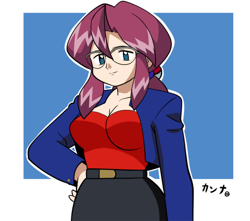 1girl belt black_belt black_skirt blue_background blue_eyes blue_jacket breasts cleavage collarbone glasses hair_ornament hand_on_own_hip jacket large_breasts long_hair long_sleeves looking_at_viewer lorelei_(pokemon) nintendo open_clothes open_jacket poke_ball_hair_ornament pokemon pokemon_(anime) pokemon_(classic_anime) ponytail purple_hair red_shirt shirt skirt smile standing upper_body yume_yoroi