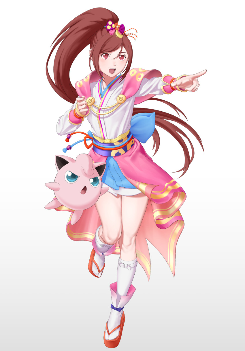 blue_eyes blue_skirt creatures_(company) game_freak gen_1_pokemon hair_ribbon japanese_clothes jigglypuff kimono kimono_skirt knees legs long_hair nintendo obi oichi oichi_(pokemon_conquest) open_mouth pink_skirt platform_sandals pointing poke_ball_symbol pokemon pokemon_conquest ponytail red_eyes red_hair ribbon sash skirt socks swept_bangs tabi tongue white_background white_socks