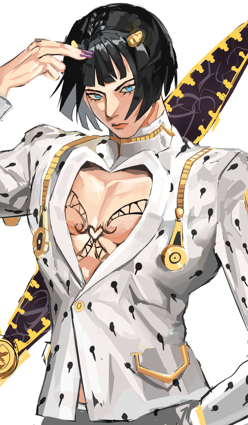 13u_jjba00p 1boy absurdres bare_pectorals black_hair blue_eyes bob_cut bruno_bucciarati chest_tattoo formal_clothes highres jojo_no_kimyou_na_bouken long_sleeves pectorals short_hair solo suit tattoo white_suit zipper zipper_pull_tab