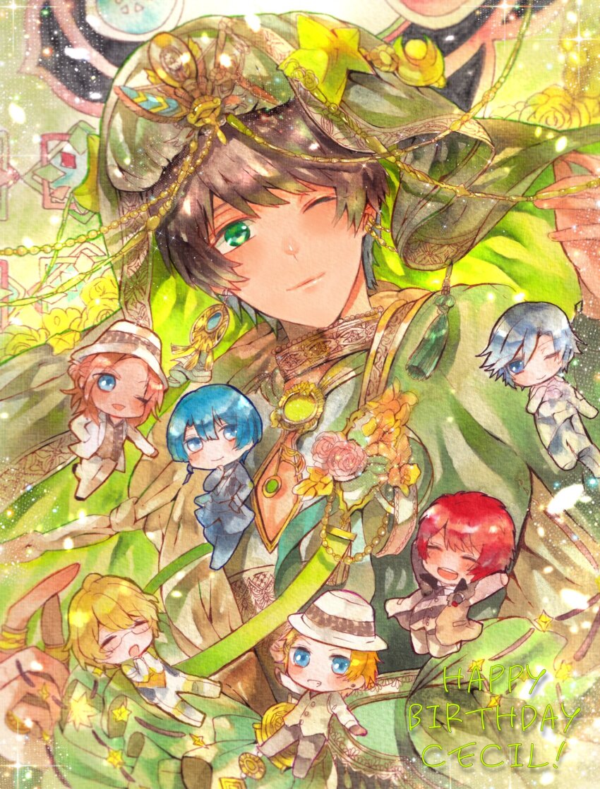 6+boys ;) ;d ^_^ aijima_cecil arabian_clothes blonde_hair blue_eyes blue_hair blue_suit brown_hair brown_suit character_name chibi closed_eyes corsage dark-skinned_male dark_skin earrings floating_earring formal_clothes glasses green_eyes green_jacket green_sash green_shirt green_veil hair_between_eyes hair_ornament happy_birthday hat head_chain highres hijirikawa_masato ichinose_tokiya ittoki_otoya jacket jewelry jinguuji_ren kurusu_shou looking_at_viewer male_focus medium_hair multiple_boys neck_ring one_eye_closed open_mouth orange_hair parted_bangs red_hair rumio_key sash shinomiya_natsuki_(uta_no_prince-sama) shirt short_hair smile solo_focus sparkle star_(symbol) star_hair_ornament starish suit turban upper_body uta_no_prince-sama veil veil_lift vest white_hat white_shirt white_suit yellow_vest