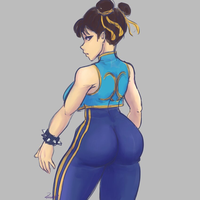 1girl 2021 absurdres arms_at_sides artist_name ass ass_focus back blue_background blue_bodysuit blue_vest blurry blurry_background bodysuit bracelet breasts brown_hair capcom chun-li cleft_of_venus clenched_hand commentary cowboy_shot double_bun english_commentary female_focus from_behind hair_bun heart highres jewelry large_breasts looking_back medium_breasts nature outdoors outside_border parted_lips shaded_face shoulder_blades sideboob simple_background smile smugraccoon solo spiked_bracelet spikes spread_fingers standing street_fighter street_fighter_alpha sunset thick_lips thick_thighs thighs vest wide_hips