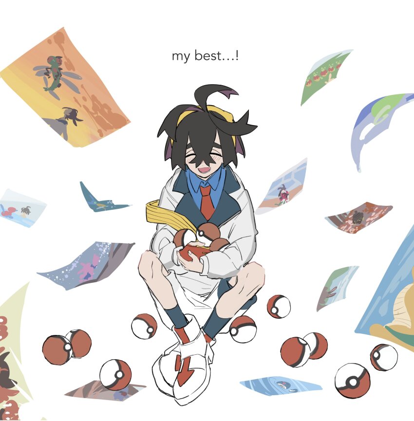 1boy absurdres amenonoco applin black_hair blue_shirt blue_socks blush closed_eyes collared_shirt commentary_request cramorant crossed_bangs dragonite english_text gen_1_pokemon gen_2_pokemon gen_3_pokemon gen_4_pokemon gen_7_pokemon gen_8_pokemon gligar gloves hair_between_eyes hairband highres holding incineroar jacket kieran_(pokemon) long_sleeves male_focus morgrem multicolored_hair multiple_views nintendo nosepass open_mouth poke_ball poke_ball_(basic) pokemon pokemon_(creature) pokemon_sv poliwag porygon2 purple_hair seedot sentret shirt shoes simple_background single_glove sitting socks white_background white_shoes yanmega yellow_hairband