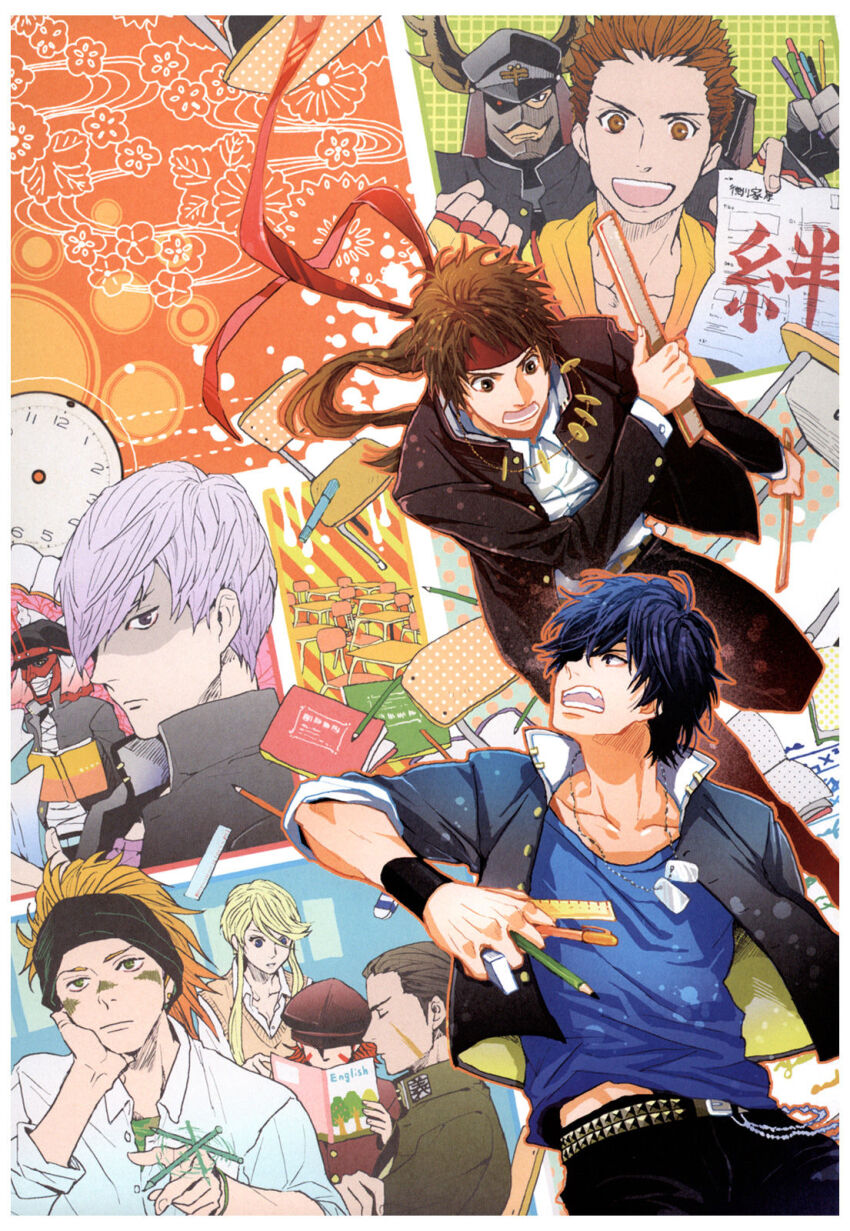 1girl 6+boys :d artist_request belt black_headband blonde_hair blue_eyes blue_hair blue_skirt brown_eyes brown_hair closed_eyes covered_eyes date_masamune_(sengoku_basara) dog_tags expressionless facepaint facial_scar fang fuuma_kotarou_(sengoku_basara) gakuen_basara gakuran green_eyes guest_art hair_over_one_eye hand_rest hat hat_over_eyes headband highres honda_tadakatsu_(sengoku_basara) ishida_mitsunari_(sengoku_basara) jacket kasuga_(sengoku_basara) katakura_kojuurou_(sengoku_basara) long_hair looking_at_viewer low_ponytail male_focus multiple_boys non-web_source official_art ootani_yoshitsugu_(sengoku_basara) open_clothes open_jacket open_mouth ponytail reading red_hair red_headband ruler sanada_yukimura_(sengoku_basara) sarutobi_sasuke_(sengoku_basara) scar scar_on_cheek scar_on_face school_uniform sengoku_basara shaded_face shirt short_hair short_hair_with_long_locks skirt smile stationery sweater_vest tokugawa_ieyasu_(sengoku_basara) white_hair white_shirt
