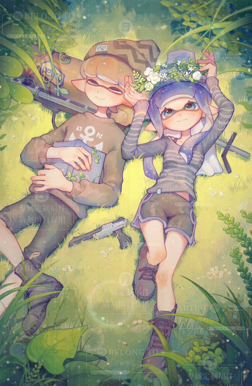 1boy 1girl anchor_print arched_bangs arms_up beanie black_footwear black_shorts blue_eyes blue_hat blue_sweater book bra_strap breasts brown_hair brown_hat closed_eyes closed_mouth clothes_writing commentary dolphin_shorts e-liter_4k_(splatoon) grey_shirt hat head_wreath highres holding holding_book inkling inkling_(language) inkling_boy inkling_girl inkling_player_character liang_cun_rakuna long_hair long_sleeves looking_up lying midriff_peek n-zap_(splatoon) nintendo on_back on_grass outdoors pointy_ears print_sweater purple_hair purple_trim shirt short_hair shorts sidelocks sleeping smile splatoon_(series) striped_clothes striped_shirt sweater symbol-only_commentary tentacle_hair watermark