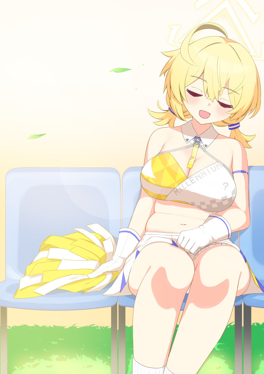 absurdres blue_archive cheerleader halo highres holding holding_pom_poms kotori_(blue_archive) kotori_(cheer_squad)_(blue_archive) millennium_cheerleader_outfit_(blue_archive) pom_pom_(cheerleading) pom_poms skirt sleeping sports_bra triangle_halo two-tone_sports_bra wet_09994 white_skirt yellow_halo