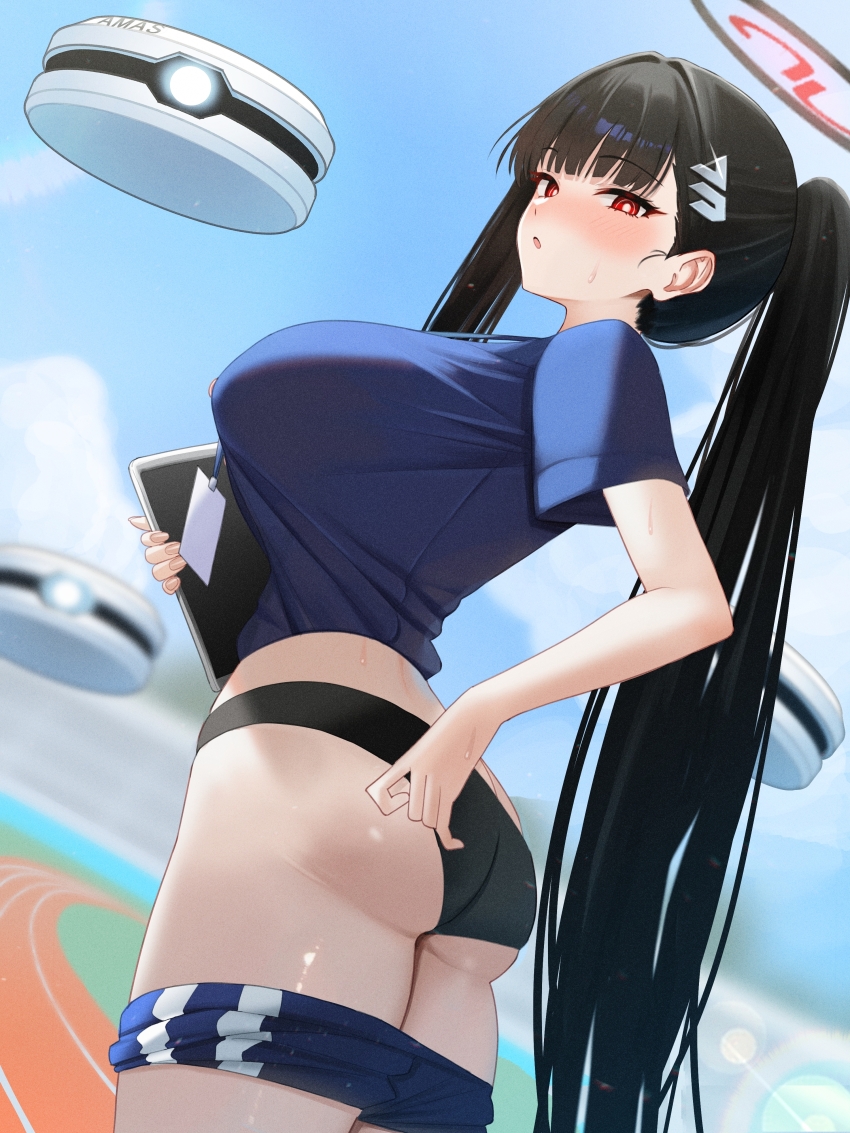 1girl absurdres alternate_costume alternate_hairstyle ass black_hair black_panties blue_archive blue_buruma blue_shirt blue_sky blurry blurry_background blush bokeh breasts buruma buruma_pull clothes_pull commentary_request day depth_of_field drone hair_intakes hair_ornament hairpin highres holding holding_tablet_pc large_breasts long_hair looking_at_viewer mizikayo panties ponytail railroad_tracks red_eyes rio_(blue_archive) shirt short_sleeves sky solo sweat tablet_pc thighs underwear very_long_hair wedgie