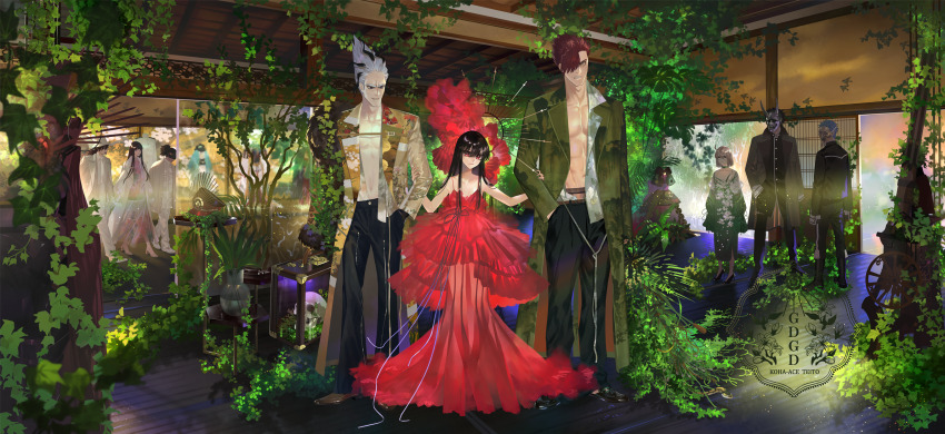 3girls 6+boys abs alternate_costume alternate_hairstyle architecture baggy_pants bamboo_screen belt black_footwear black_hair black_pants blonde_hair brown_coat brown_footwear brown_hair cherry_blossom_print coat contemporary crest display_case dress east_asian_architecture family_crest fashion fate/grand_order fate_(series) fern floral_print flower formal_clothes frilled_dress frills frosted_glass frown fur_trim furrowed_brow green_coat hair_between_eyes hair_flower hair_ornament hat headpiece highres hijikata_toshizou_(fate) holding_another&#039;s_arm holding_case horned_mask ivy japanese_clothes jinbaori kimono laughing layered_clothes layered_dress layered_kimono leaf leather_footwear light_frown long_coat long_dress long_hair long_sidelocks looking_at_another mask military_hat mori_nagayoshi_(fate) multiple_boys multiple_girls muscular muscular_male navel oda_nobunaga_(fate) oda_nobunaga_(koha-ace) oda_uri off-shoulder_dress off_shoulder okita_souji_(fate) okita_souji_(koha-ace) one_eye_covered oni_mask open_clothes open_coat pants peaked_cap pectoral_cleavage pectorals plant potted_plant purple_light red_dress red_flower rose_print saitou_hajime_(fate) see-through_clothes see-through_dress shouji side-by-side sidelocks skull sliding_doors smirk spiked_hair string suit thick_eyebrows tree vase walking warabi_tama water waterfall white_coat white_pants white_suit wooden_beam wooden_ceiling wooden_floor