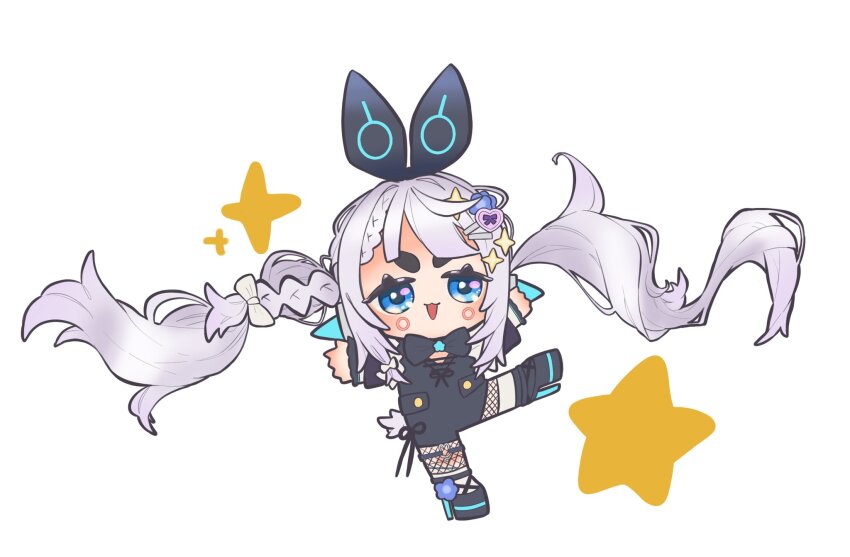 1girl :3 and_uge black_bow black_bowtie black_footwear black_romper blunt_bangs blush bow bowtie braid chibi chibi_only circle_facial_mark commentary_request full_body grey_hair hair_bow hair_ornament hairclip highres ima_tyokenko long_hair looking_at_viewer nanashi_inc. open_mouth platform_footwear platform_heels romper side_braid simple_background single_braid smile solo standing standing_on_one_leg star_(symbol) star_hair_ornament thick_eyebrows twintails v-shaped_eyebrows virtual_youtuber white_background white_bow