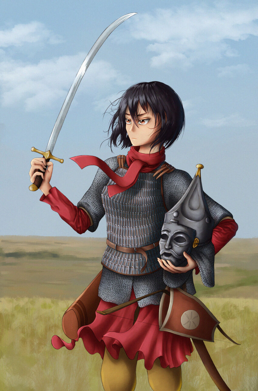 1girl alternate_costume armor black_hair bow brown_eyes chainmail comrade_potato determined field helmet highres holding holding_helmet holding_sword holding_weapon lamellar_armor medieval mikasa_ackerman outdoors pants quiver red_scarf red_skirt scabbard scarf serious sheath shingeki_no_kyojin short_hair skirt sky solo standing sword weapon wind yellow_pants