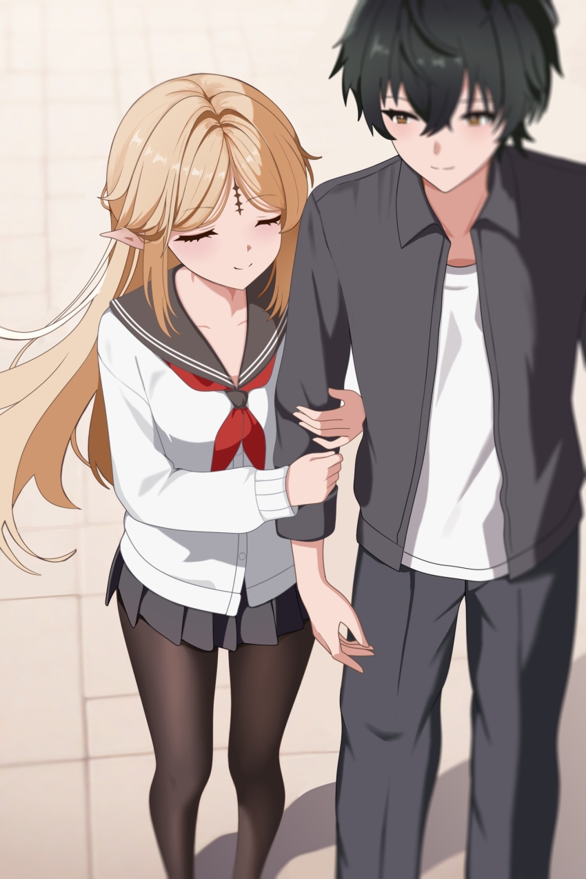 1boy 1girl arm_hug black_hair black_sailor_collar black_shirt black_skirt blonde_hair cartethyia_(wuthering_waves) chinese_commentary closed_eyes closed_mouth collarbone collared_shirt commentary_request feet_out_of_frame hair_between_eyes hands_up highres holding_another&#039;s_arm long_hair looking_at_another male_rover_(wuthering_waves) medium_hair open_clothes open_shirt pantyhose pleated_skirt pointy_ears rover_(wuthering_waves) sailor_collar school_uniform serafuku shirt skirt smile tacet_mark_(wuthering_waves) weitaming_c white_shirt wuthering_waves yellow_eyes