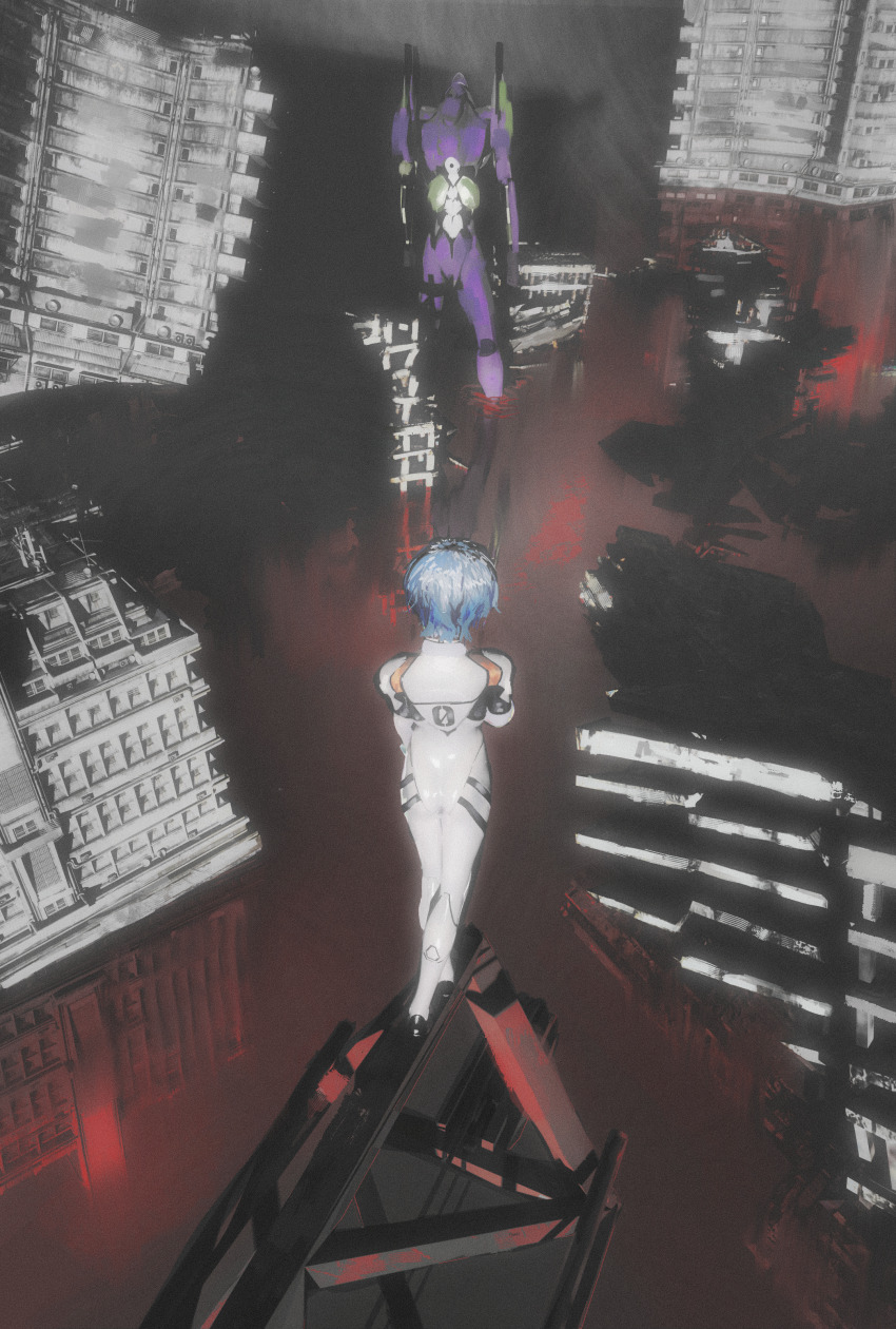 1girl absurdres ayanami_rei black_shoes blue_hair from_behind highres jumpsuit mecha_pilot_suit neon_genesis_evangelion ruins shiej007 shoes short_hair solo white_jumpsuit