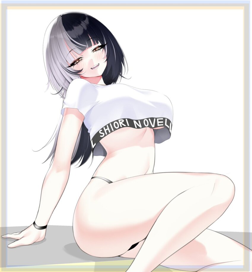 1girl bikini bikini_under_clothes black_hair blush breasts character_name crop_top cropped_shirt grey_hair hair_ornament highleg highleg_bikini hololive hololive_dance_practice_uniform hololive_english large_breasts long_hair long_sleeves looking_at_viewer midriff multicolored_hair navel official_alternate_costume open_mouth porougon satin satin_bikini shiny_clothes shiny_swimsuit shiori_novella shirt silver_bikini smile solo split-color_hair sports_bra_peek sweat swimsuit two-tone_hair virtual_youtuber white_background white_shirt workout_clothes yellow_eyes