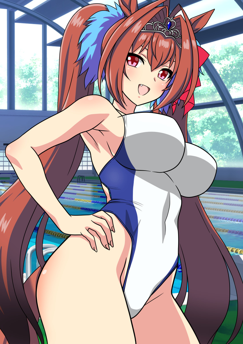 1girl absurdres animal_ears breasts brown_hair commentary_request competition_swimsuit covered_navel cowboy_shot daiwa_scarlet_(umamusume) hair_intakes hand_in_pocket highleg highleg_one-piece_swimsuit highres horse_ears horse_girl horse_tail indoors long_hair medium_breasts one-piece_swimsuit pool red_eyes solo swimsuit tail tiara twintails two-tone_swimsuit umamusume very_long_hair white_one-piece_swimsuit yuuyuu_(3jjbn)