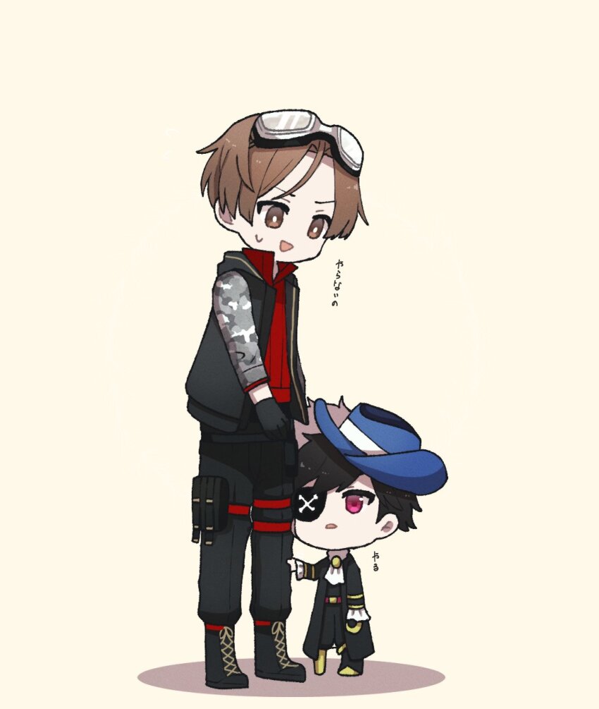 2boys amatsuki_(utaite) black_coat black_footwear black_gloves black_hair black_pants black_vest blue_headwear boots bright_pupils brown_eyes brown_hair coat crazy_raccoon eyepatch full_body gloves goggles goggles_on_head hat height_difference highres hood hooded_vest hoodie hook_hand long_sleeves looking_at_another male_focus military military_uniform mondo_(crazy_raccoon) multiple_boys open_mouth pants peg_leg pink_eyes print_eyepatch shoelaces short_hair simple_background smile standing sweatdrop tonvy triangle_mouth vest virtual_youtuber white_pupils yellow_background