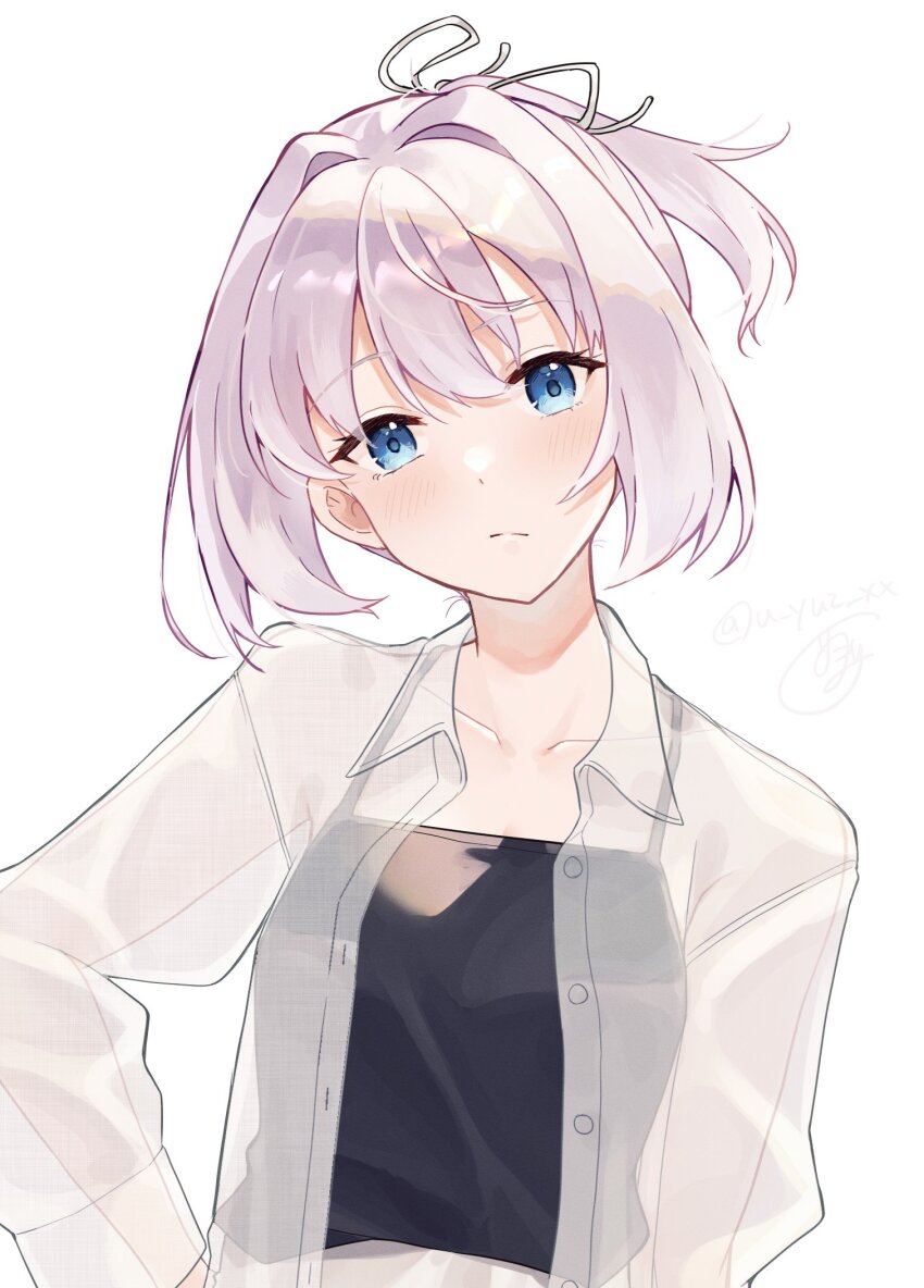 1girl alternate_costume black_camisole blue_eyes camisole collared_shirt dress_shirt hair_intakes hand_on_own_hip highres kantai_collection pink_eyes ponytail see-through_clothes see-through_shirt shiranui_(kancolle) shiranui_kai_ni_(kancolle) shirt short_hair simple_background solo u_yuz_xx upper_body white_background white_shirt