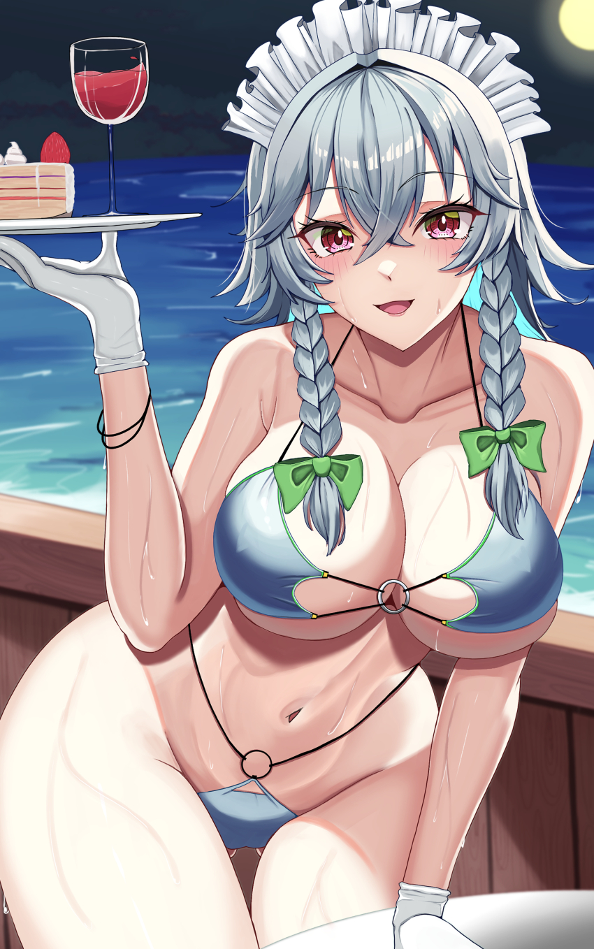 1girl absurdres bikini blush bow bracelet braid breasts cake cake_slice commentary_request cowboy_shot cup drinking_glass food fruit full_moon gloves gluteal_fold grey_hair hair_bow highres holding holding_tray hossy izayoi_sakuya jewelry large_breasts leaning_forward looking_at_viewer maid_headdress medium_hair moon multiple_hair_bows navel night night_sky o-ring o-ring_bottom red_eyes sky smile solo strawberry swimsuit table thigh_gap touhou tray twin_braids water wet whipped_cream white_gloves wine_glass