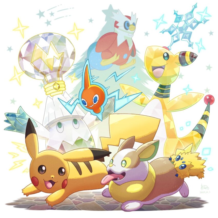 ampharos blue_eyes brown_eyes commentary dated fang game_freak gen_1_pokemon gen_2_pokemon gen_4_pokemon gen_5_pokemon gen_8_pokemon green_eyes iron_bundle joltik nintendo no_humans open_mouth pikachu pokemon pokemon_(creature) running smile snover star_(symbol) terastallization tongue tongue_out wataame4907 yamper