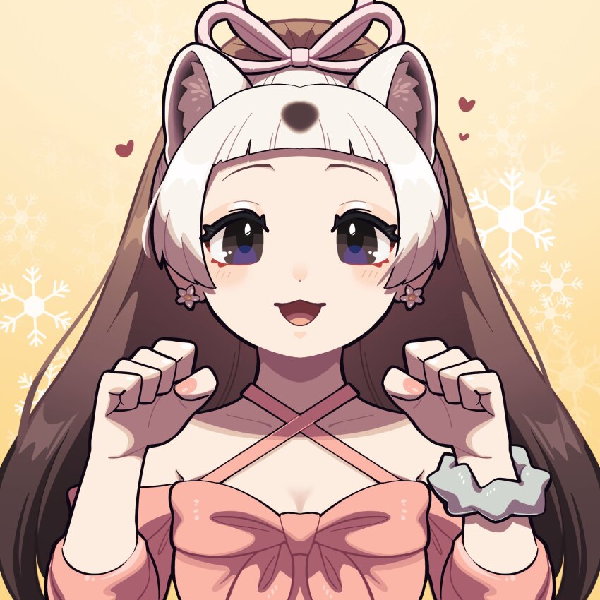 1girl an-chan_(ananna0315) animal_ears bare_shoulders blue_eyes brown_hair dress extra_ears grey_hair heart highres kemono_friends kemono_friends_3 long_hair looking_at_viewer multicolored_hair nail_polish orange_background ribbon sable_(kemono_friends) simple_background solo two-tone_hair upper_body