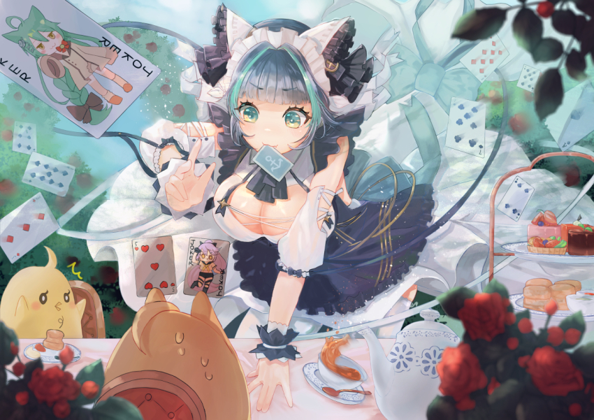 1girl ace_(playing_card) ace_of_spades animal_ears apron aqua_eyes aqua_hair azur_lane breasts card card_in_mouth cheshire_(azur_lane) cleavage eight_of_diamonds_(playing_card) fake_animal_ears five_of_hearts flower four_of_clubs frilled_hairband frilled_ribbon frills hairband joker_(playing_card) large_breasts long_ribbon lucky_daikichi maid_headdress manjuu_(azur_lane) mouth_hold multicolored_hair nine_of_spades playing_card purple_apron purple_hair red_flower red_rose ribbon rose see-through_clothes see-through_cleavage seven_of_clubs six_of_spades solo spade_(shape) streaked_hair three_of_diamonds tiered_tray wrist_cuffs