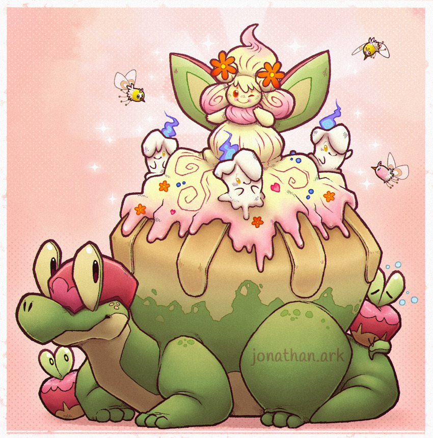 ;) alcremie alcremie_(flower_sweet) alcremie_(ruby_swirl) alternate_color appletun applin closed_mouth commentary creature cutiefly english_commentary flying full_body gen_5_pokemon gen_7_pokemon gen_8_pokemon highres jonathan-ark litwick looking_at_viewer nintendo no_humans one_eye_closed pink_background pokemon pokemon_(creature) shiny_pokemon signature simple_background smile