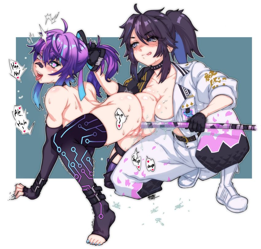 2girls all_fours bandaid bandaid_on_face bandaid_on_nose black_hair blue_eyes blush boots breasts delinquent fingerless_gloves gloves heart heart-shaped_pupils high_ponytail highres indie_virtual_youtuber katana kson large_breasts leone145wb licking_lips melody_(projektmelody) mole mole_under_eye multiple_girls nude object_insertion open_mouth ponytail purple_hair sarashi sheath sheathed simple_background souchou squatting sukeban sword symbol-shaped_pupils thighhighs toeless_legwear tongue tongue_out uncensored vaginal vaginal_object_insertion virtual_youtuber vshojo weapon yuri