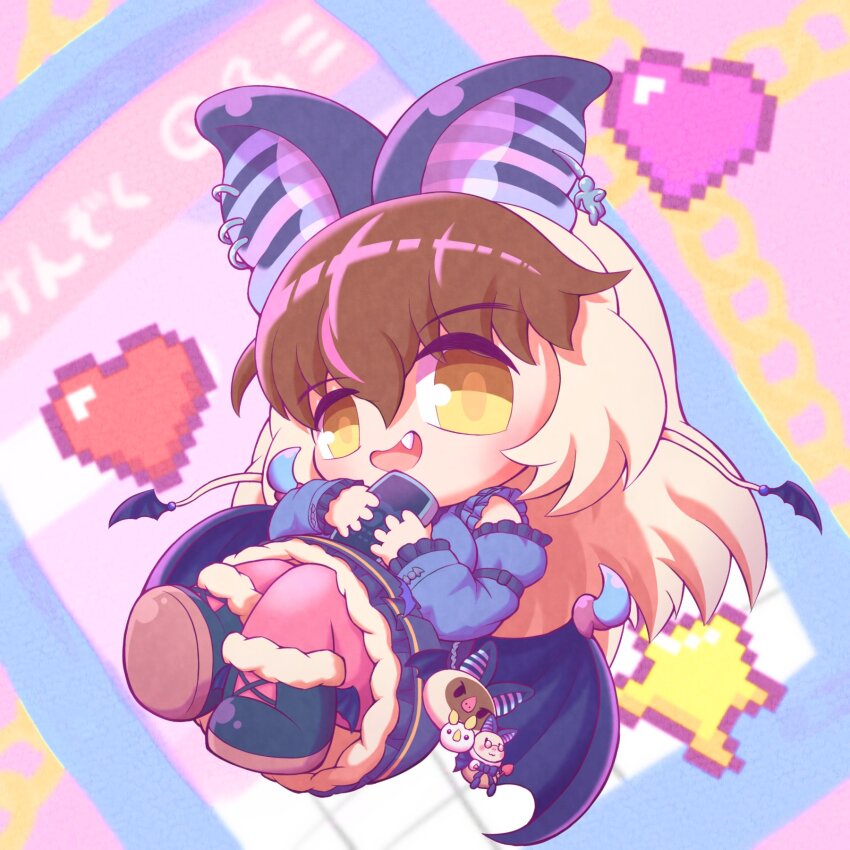 1girl animal_ears bat_ears bat_girl bat_wings brown_eyes brown_hair brown_long-eared_bat_(kemono_friends) cellphone daisantw dress earrings extra_ears full_body grey_hair heart highres jewelry kemono_friends kemono_friends_v_project long_hair looking_at_viewer multicolored_hair phone poporu_(kemono_friends) shirt shoes simple_background skirt smartphone streaked_hair stuffed_toy thighhighs virtual_youtuber wings
