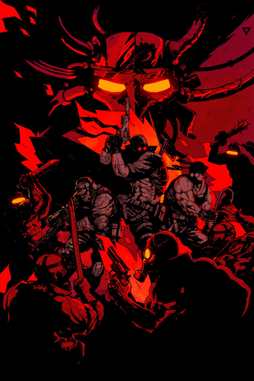 baseball_bat deathink deimos_(madness_combat) finger_on_trigger gas_mask glowing_glasses gun handgun hank_j._wimbleton highres knife limited_palette madness_combat mask multiple_boys muscular muscular_male nail_(hardware) nail_bat red_theme revolver sanford_(madness_combat) scope suppressor sword weapon