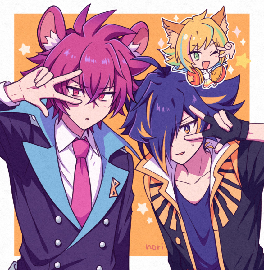 3boys ;d animal_ear_fluff animal_ears antenna_hair artist_name black_gloves black_jacket blue_eyes blue_hair blue_shirt border bright_pupils buttons chiyo_nori crossed_bangs dog_ears double-breasted fingerless_gloves fox_ears gloves hair_over_one_eye hand_up jacket looking_at_viewer male_focus multicolored_eyes multicolored_hair multiple_boys necktie one_eye_closed one_eye_covered open_mouth orange_background outside_border pink_necktie purple_hair rikao_(show_by_rock!!) shirt short_hair show_by_rock!! shu_zo_(show_by_rock!!) signature simple_background smile star_(symbol) streaked_hair sweatdrop two-tone_eyes two-tone_hair upper_body v white_border white_pupils yasu_(show_by_rock!!) yellow_eyes