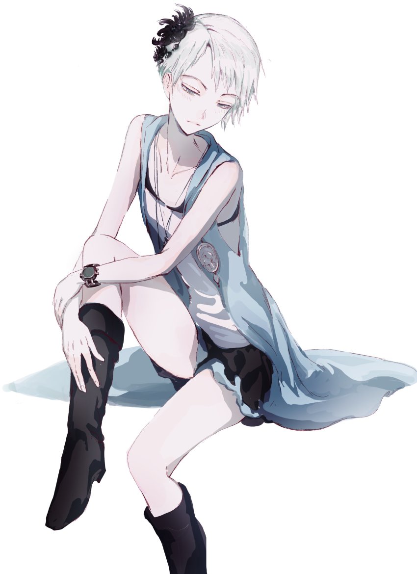 1girl absurdres black_boots boots closed_mouth feason grey_eyes hair_ornament highres jewelry kyokugen_dasshutsu looking_down necklace phi_(kyokugen_dasshutsu) short_hair simple_background sitting solo white_background white_hair zero_escape:_toki_no_dilemma