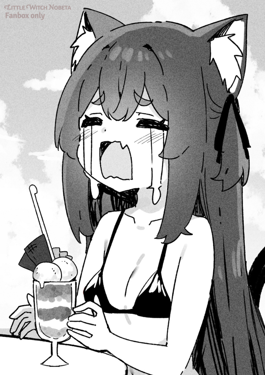 1girl animal_ear_fluff animal_ears bare_shoulders bikini blush breasts cat_ears cat_girl closed_eyes fang food greyscale highres little_witch_nobeta long_hair meme micro_bikini monochrome official_art phyllis_(human)_(little_witch_nobeta) phyllis_(little_witch_nobeta) skin_fang small_breasts solo swimsuit t_t tears uohhhhhhhhh!_(meme) upper_body very_long_hair