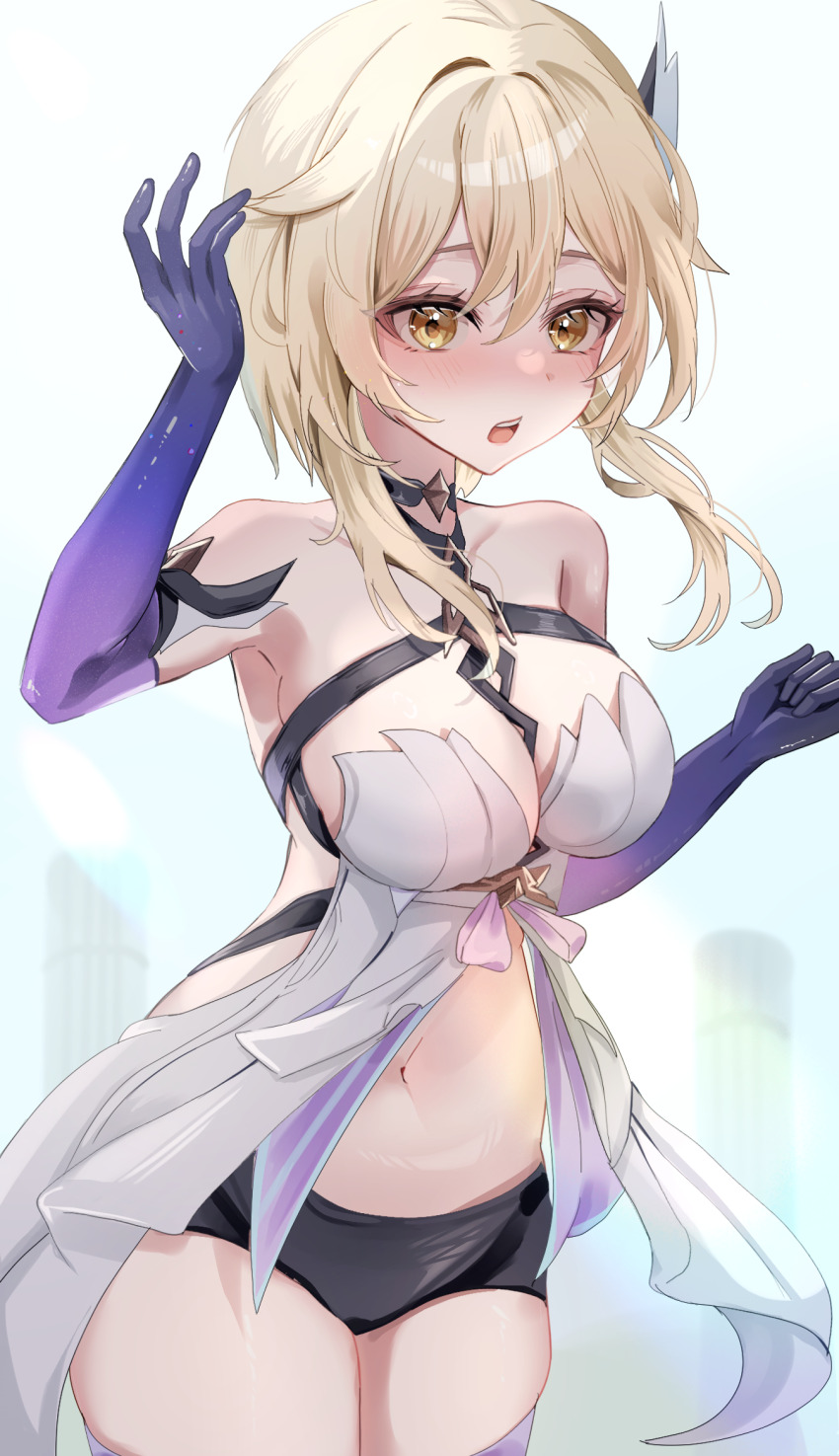 1girl bare_shoulders blonde_hair blush breasts chuuna_(unagiunazy) cleavage collarbone commentary_request cosplay elbow_gloves genshin_impact gloves hair_between_eyes hands_up highres large_breasts lumine_(genshin_impact) navel open_mouth purple_gloves short_hair_with_long_locks skirk_(genshin_impact) skirk_(genshin_impact)_(cosplay) solo stomach teeth upper_teeth_only white_background yellow_eyes