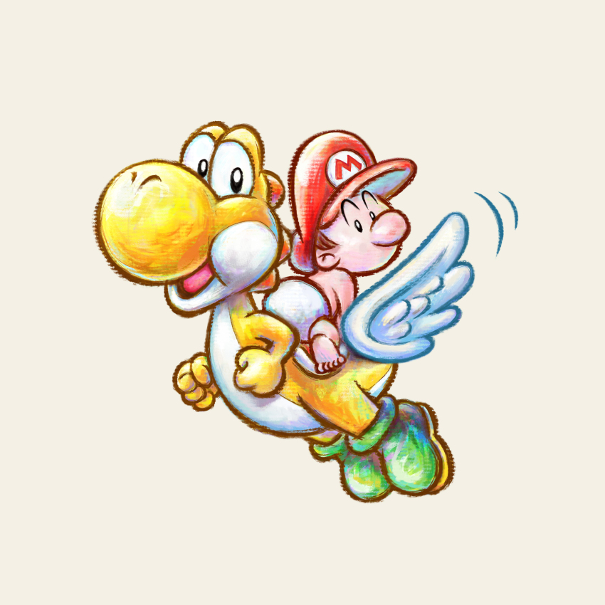 1boy absurdres baby baby_mario boots clenched_hands colored_skin diaper feathered_wings green_footwear hat highres mario mario_(series) nintendo official_art open_mouth red_hat simple_background white_background white_wings wings yellow_skin yellow_yoshi yoshi yoshi&#039;s_new_island