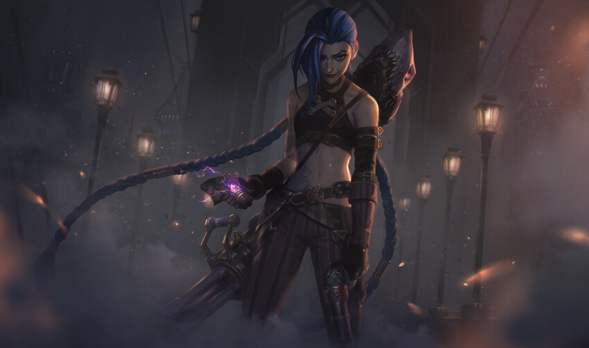 1girl arcane:_league_of_legends arcane_jinx arm_tattoo asymmetrical_bangs bare_shoulders belt black_gloves blue_hair braid breasts bridge brown_belt chenbo cloud_tattoo collarbone crop_top embers explosive fingerless_gloves gatling_gun gloves grenade gun highres holding holding_grenade holding_gun holding_weapon jinx_(league_of_legends) lamppost league_of_legends long_hair looking_at_viewer minigun navel night official_art outdoors pants pink_eyes pink_pants shiny_skin small_breasts smile solo stomach striped_clothes striped_pants tattoo twin_braids twintails very_long_hair weapon