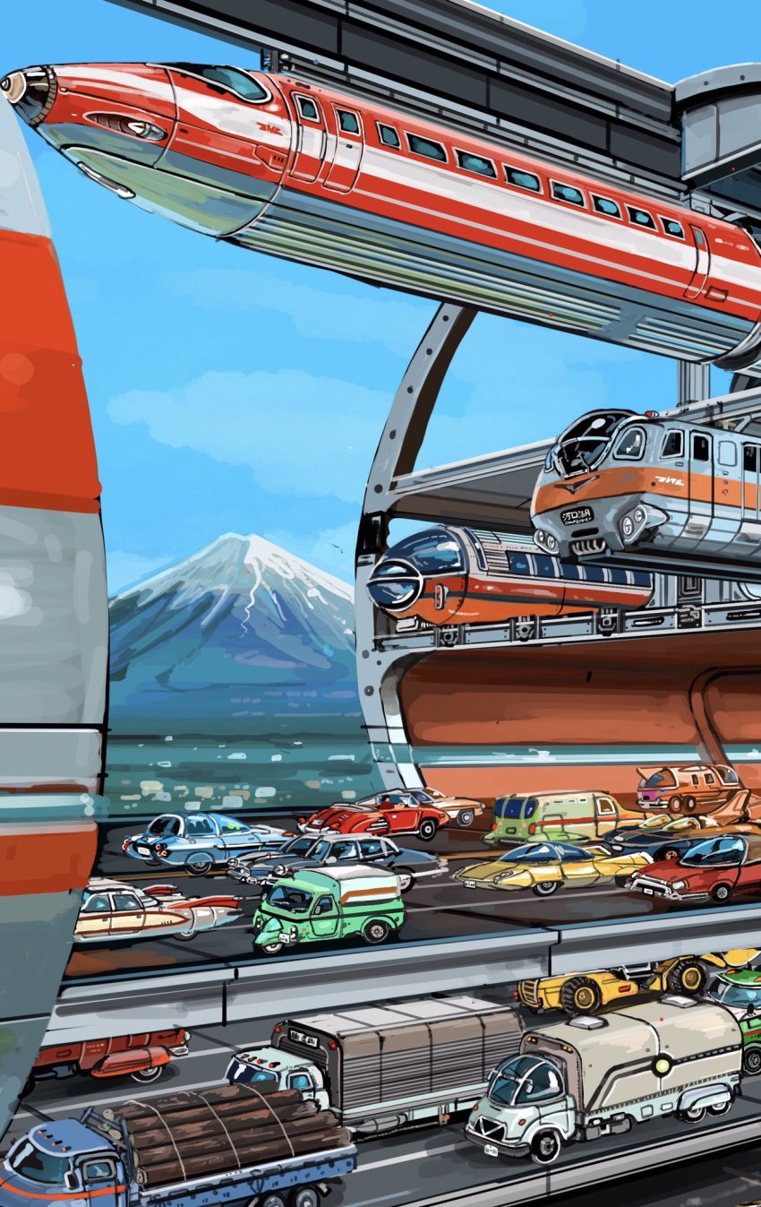 blue_sky bridge car commentary_request hai_to_hickory high-speed_train highres highway log monorail motor_vehicle mountain multi-lane_road multiple_unit_train no_humans original road sky suspension_railway train truck vehicle_focus