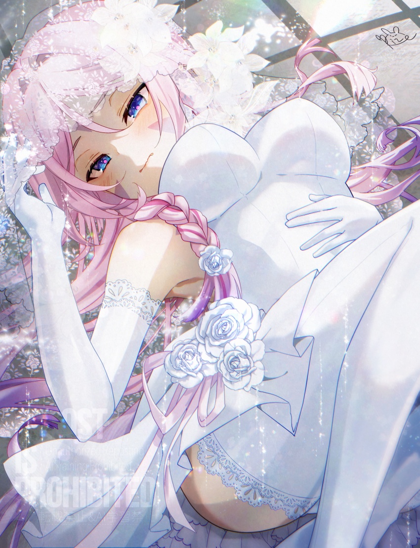 1girl absurdres alternate_costume blue_eyes blush braid breasts citlali_(genshin_impact) closed_mouth commentary_request dress elbow_gloves flower genshin_impact gloves hair_flower hair_ornament highres lace lace-trimmed_gloves lace-trimmed_thighhighs lace_trim large_breasts long_hair looking_at_viewer lying on_back pink_hair pink_pupils signature sleeveless sleeveless_dress solo sora_(garakuta_waltz) thighhighs veil very_long_hair white_dress white_flower white_gloves white_thighhighs white_veil