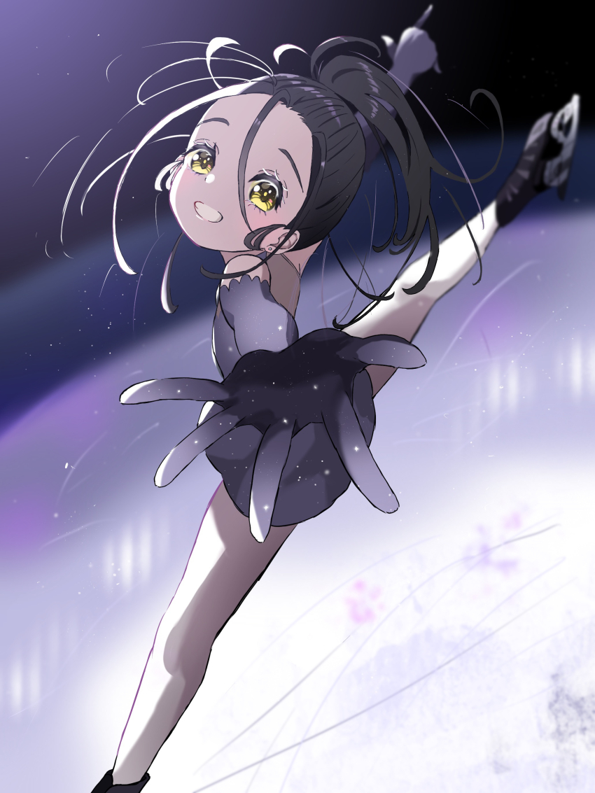 1girl absurdres black_hair dark_background figure_skating figure_skating_dress highres ice ice_skates kamisaki_hikaru leg_up light_blush long_hair medalist_(manga) outstretched_arms skates skating_rink solo spread_arms teeth tokinir1532 yellow_eyes